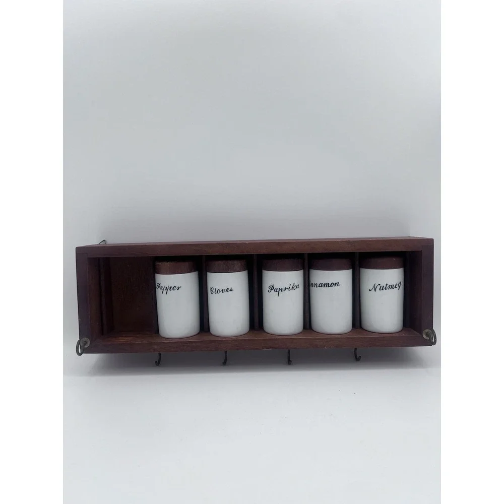 Vintage MCM Danish Modern‎ Wood and Porcelain Spice Rack